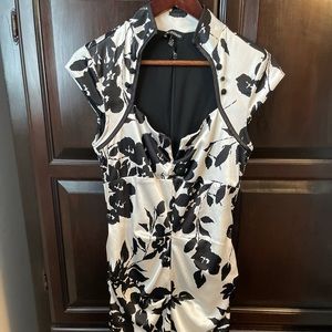 Le Chateau Black and White Floral Satin Midi Dress with Sweet Heart Neckline